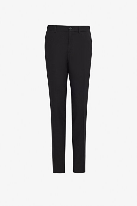 Yünlü Slim Fit Dar Kesim Mono Yaka Kapak Cepli Çift Pantolonlu Siyah Takım Elbise resmi