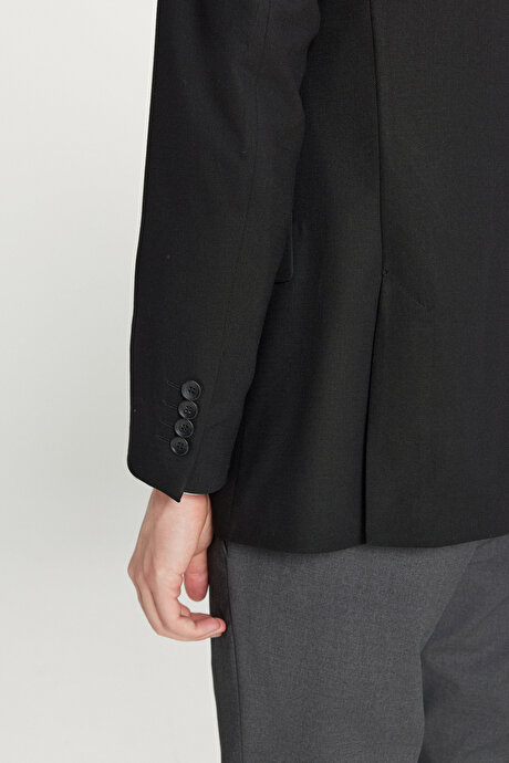 Yünlü Slim Fit Dar Kesim Mono Yaka Kapak Cepli Çift Pantolonlu Siyah Takım Elbise resmi