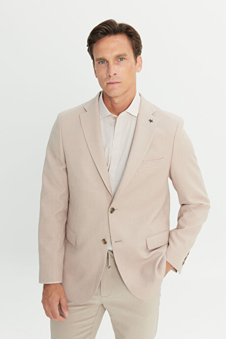 Slim Fit Dar Kesim Mono Yaka Kapak Cepli Blazer Bej Ceket resmi
