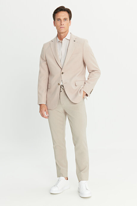 Slim Fit Dar Kesim Mono Yaka Kapak Cepli Blazer Bej Ceket resmi