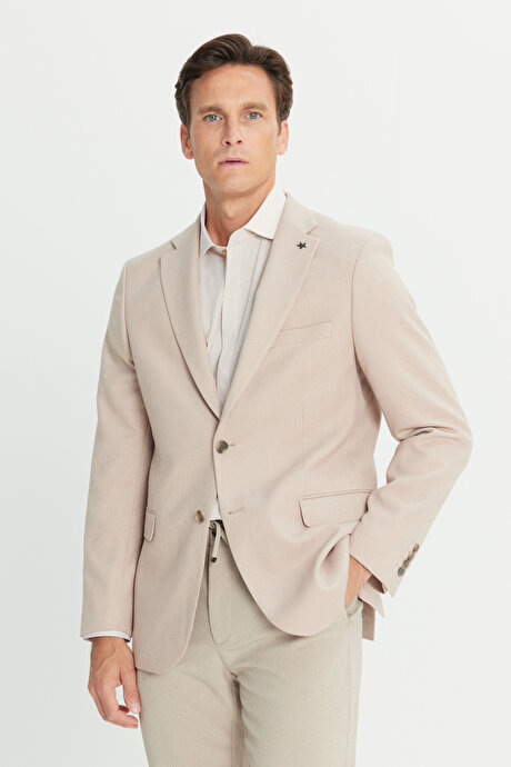 Slim Fit Dar Kesim Mono Yaka Kapak Cepli Blazer Bej Ceket resmi