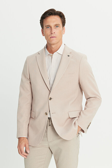Slim Fit Dar Kesim Mono Yaka Kapak Cepli Blazer Bej Ceket resmi