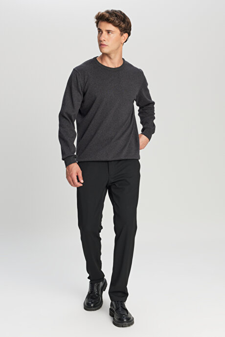 Pamuklu Standart Fit Normal Kesim Bisiklet Yaka Triko Antrasit-Melanj Kazak resmi