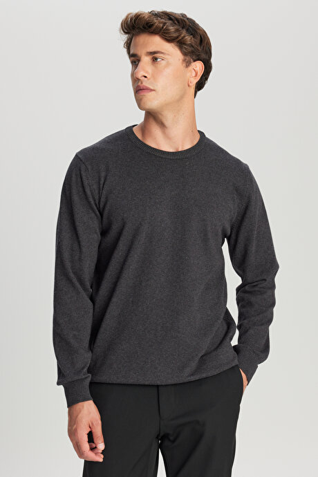 Pamuklu Standart Fit Normal Kesim Bisiklet Yaka Triko Antrasit-Melanj Kazak resmi