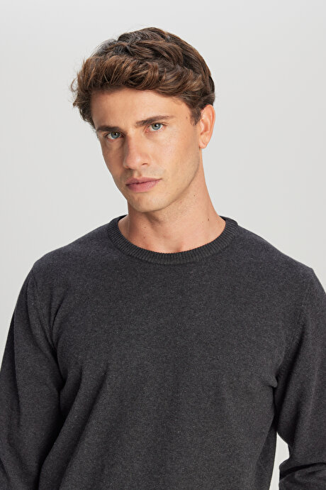 Pamuklu Standart Fit Normal Kesim Bisiklet Yaka Triko Antrasit-Melanj Kazak resmi