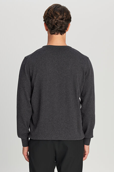 Pamuklu Standart Fit Normal Kesim Bisiklet Yaka Triko Antrasit-Melanj Kazak resmi