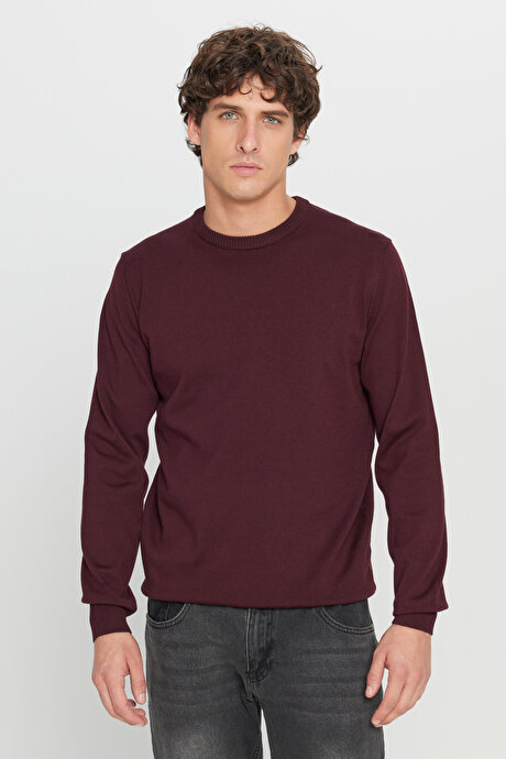 Pamuklu Standart Fit Normal Kesim Bisiklet Yaka Triko Bordo Kazak resmi