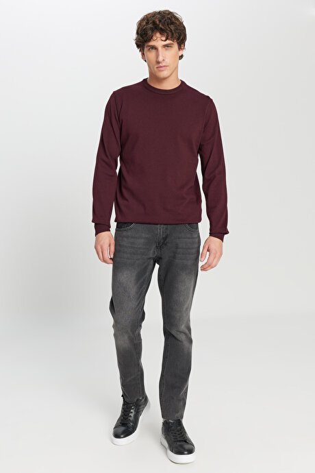 Pamuklu Standart Fit Normal Kesim Bisiklet Yaka Triko Bordo Kazak resmi