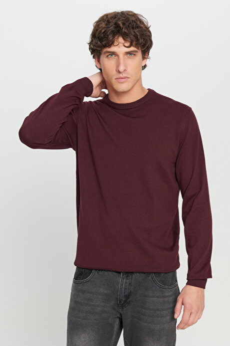 Pamuklu Standart Fit Normal Kesim Bisiklet Yaka Triko Bordo Kazak resmi