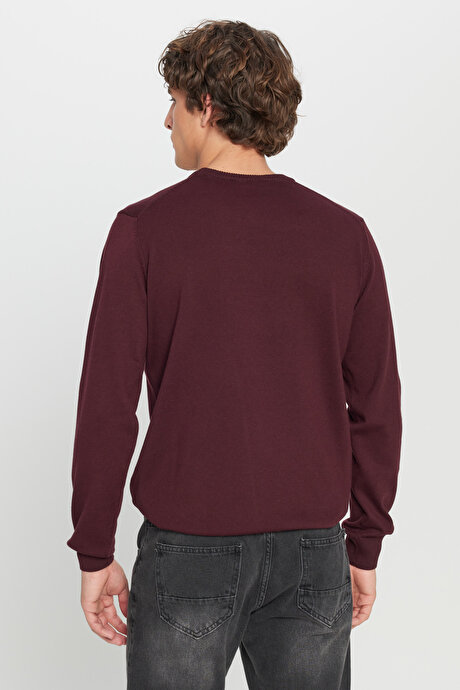 Pamuklu Standart Fit Normal Kesim Bisiklet Yaka Triko Bordo Kazak resmi