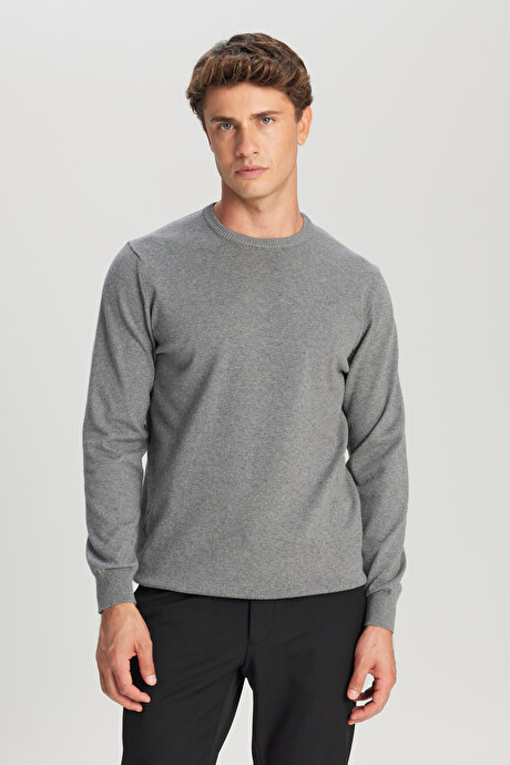 Pamuklu Standart Fit Normal Kesim Bisiklet Yaka Triko Gri Melanj Kazak resmi