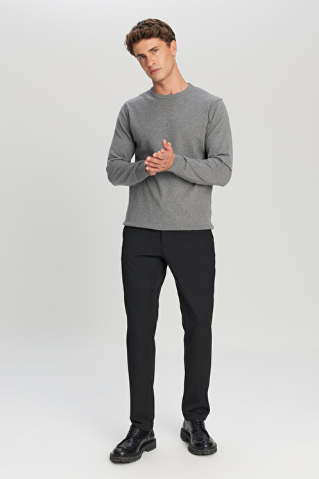 Pamuklu Standart Fit Normal Kesim Bisiklet Yaka Triko Gri Melanj Kazak resmi