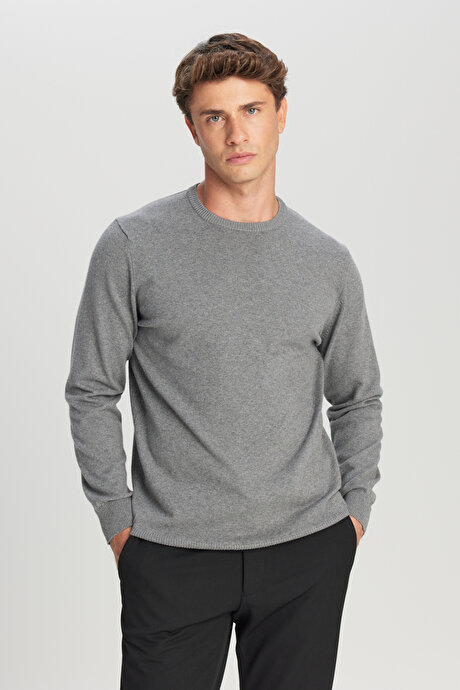 Pamuklu Standart Fit Normal Kesim Bisiklet Yaka Triko Gri Melanj Kazak resmi