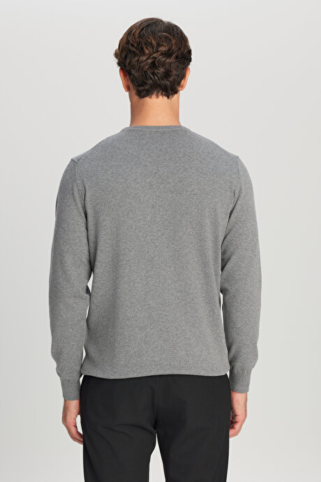 Pamuklu Standart Fit Normal Kesim Bisiklet Yaka Triko Gri Melanj Kazak resmi