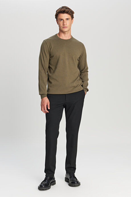 Pamuklu Standart Fit Normal Kesim Bisiklet Yaka Triko Haki Kazak resmi