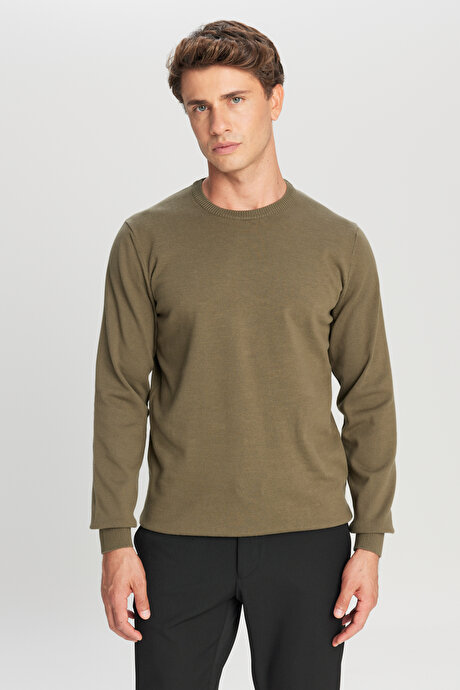 Pamuklu Standart Fit Normal Kesim Bisiklet Yaka Triko Haki Kazak resmi