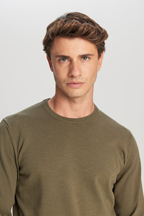 Pamuklu Standart Fit Normal Kesim Bisiklet Yaka Triko Haki Kazak resmi