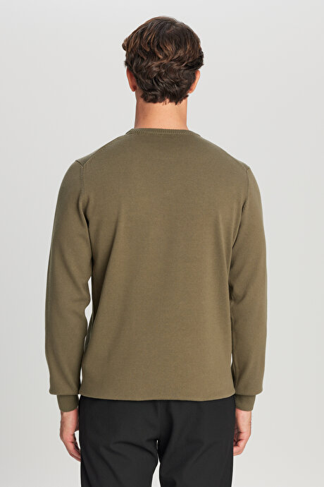 Pamuklu Standart Fit Normal Kesim Bisiklet Yaka Triko Haki Kazak resmi