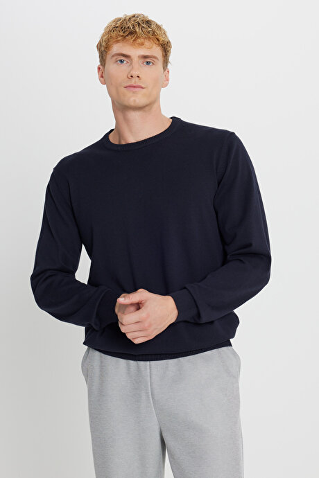 Pamuklu Standart Fit Normal Kesim Bisiklet Yaka Triko Lacivert Kazak resmi