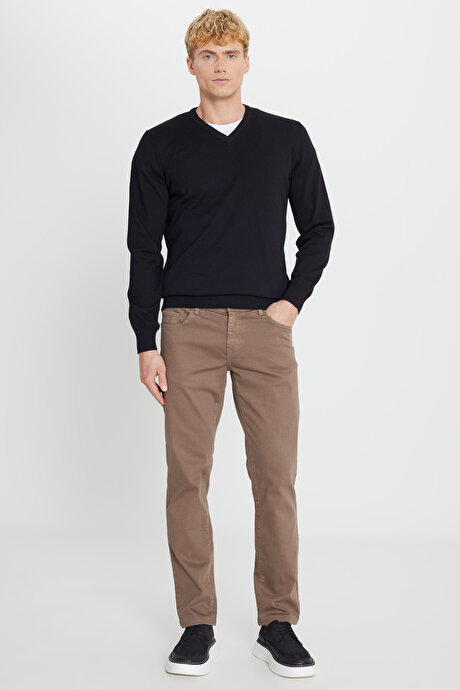 Pamuklu Standart Fit Normal Kesim V Yaka Triko Basic Siyah Kazak resmi