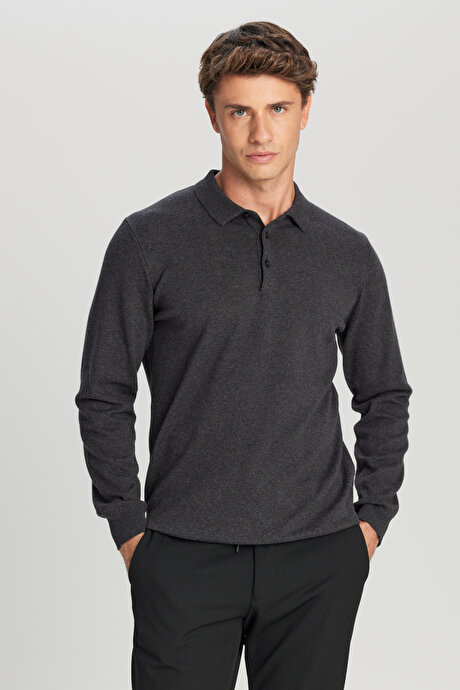 Pamuklu Standart Fit Normal Kesim Polo Yaka Triko Antrasit-Melanj Kazak resmi