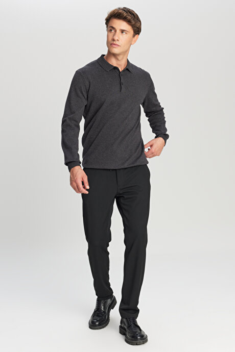 Pamuklu Standart Fit Normal Kesim Polo Yaka Triko Antrasit-Melanj Kazak resmi