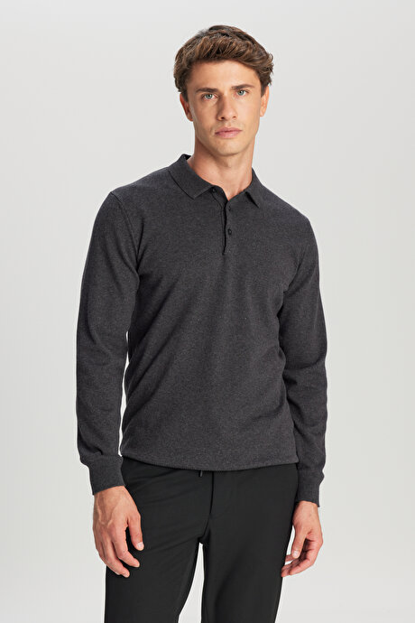 Pamuklu Standart Fit Normal Kesim Polo Yaka Triko Antrasit-Melanj Kazak resmi