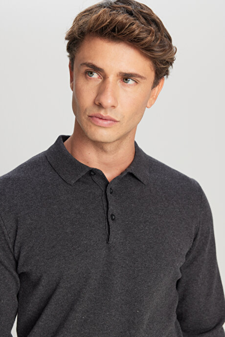 Pamuklu Standart Fit Normal Kesim Polo Yaka Triko Antrasit-Melanj Kazak resmi