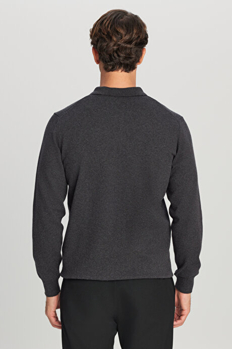 Pamuklu Standart Fit Normal Kesim Polo Yaka Triko Antrasit-Melanj Kazak resmi