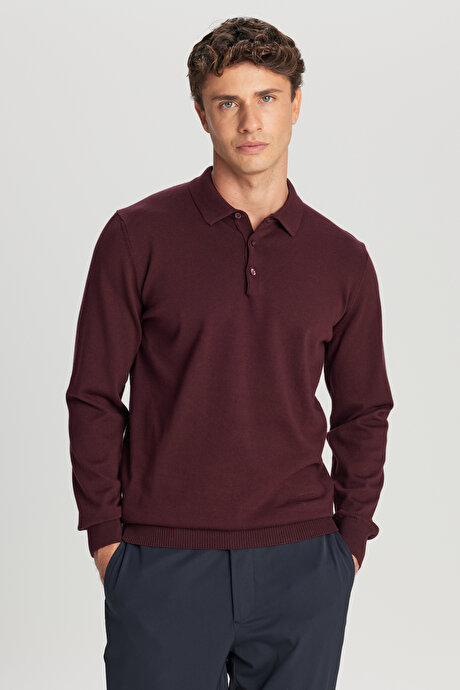Pamuklu Standart Fit Normal Kesim Polo Yaka Triko Bordo Kazak resmi