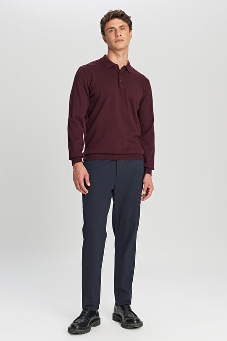 Pamuklu Standart Fit Normal Kesim Polo Yaka Triko Bordo Kazak resmi