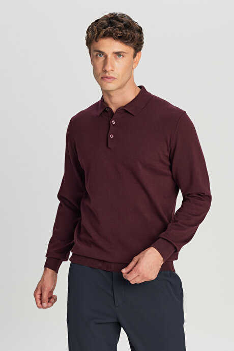Pamuklu Standart Fit Normal Kesim Polo Yaka Triko Bordo Kazak resmi