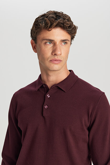 Pamuklu Standart Fit Normal Kesim Polo Yaka Triko Bordo Kazak resmi