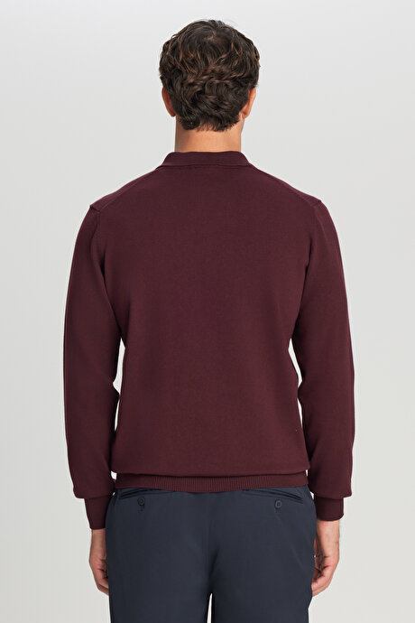 Pamuklu Standart Fit Normal Kesim Polo Yaka Triko Bordo Kazak resmi