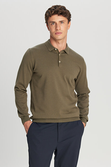 Pamuklu Standart Fit Normal Kesim Polo Yaka Triko Haki Kazak resmi