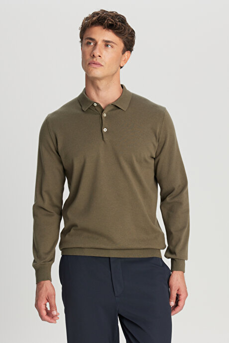 Pamuklu Standart Fit Normal Kesim Polo Yaka Triko Haki Kazak resmi