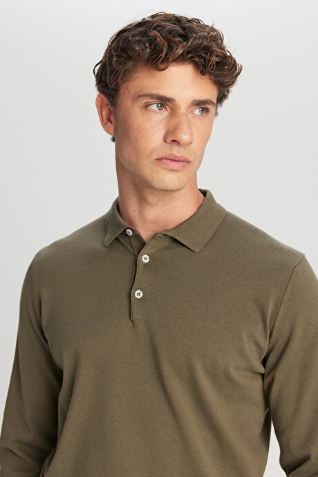 Pamuklu Standart Fit Normal Kesim Polo Yaka Triko Haki Kazak resmi