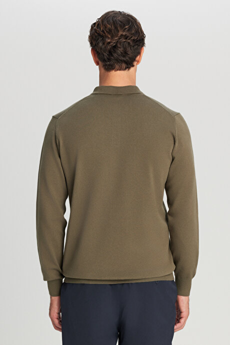 Pamuklu Standart Fit Normal Kesim Polo Yaka Triko Haki Kazak resmi