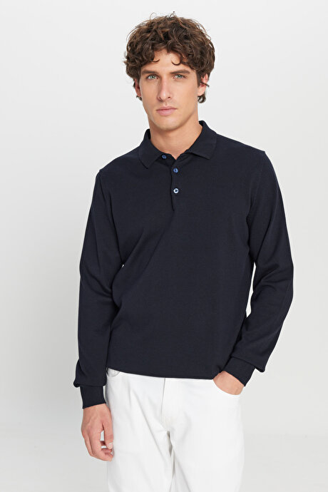 Pamuklu Standart Fit Normal Kesim Polo Yaka Triko Lacivert Kazak resmi