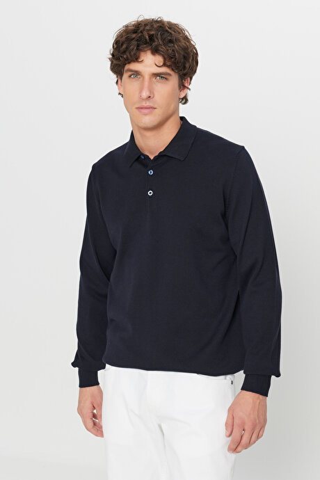 Pamuklu Standart Fit Normal Kesim Polo Yaka Triko Lacivert Kazak resmi