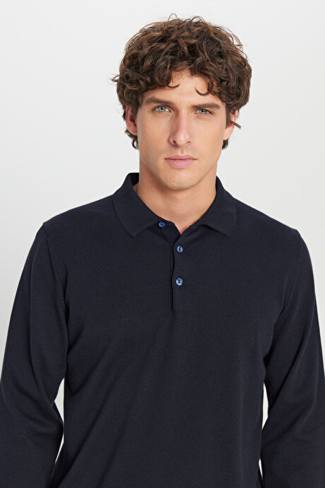 Pamuklu Standart Fit Normal Kesim Polo Yaka Triko Lacivert Kazak resmi