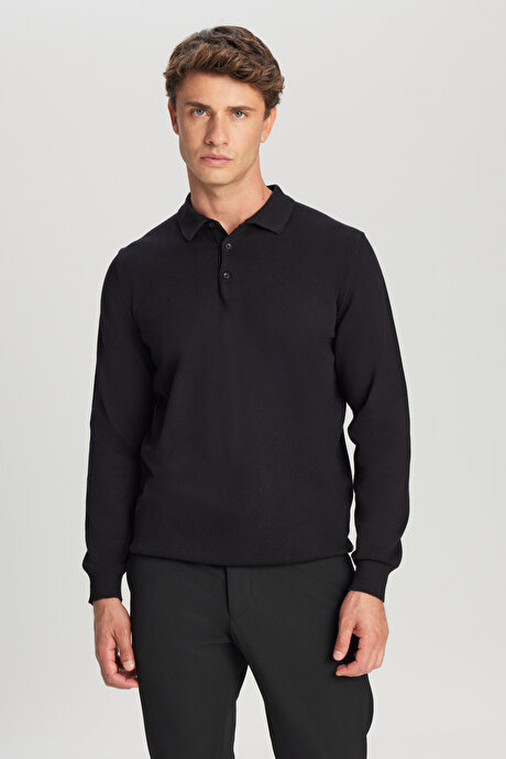 Pamuklu Standart Fit Normal Kesim Polo Yaka Triko Siyah Kazak resmi