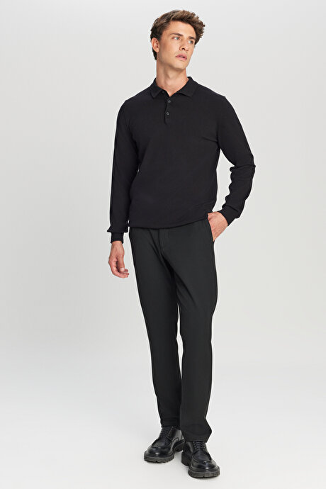 Pamuklu Standart Fit Normal Kesim Polo Yaka Triko Siyah Kazak resmi
