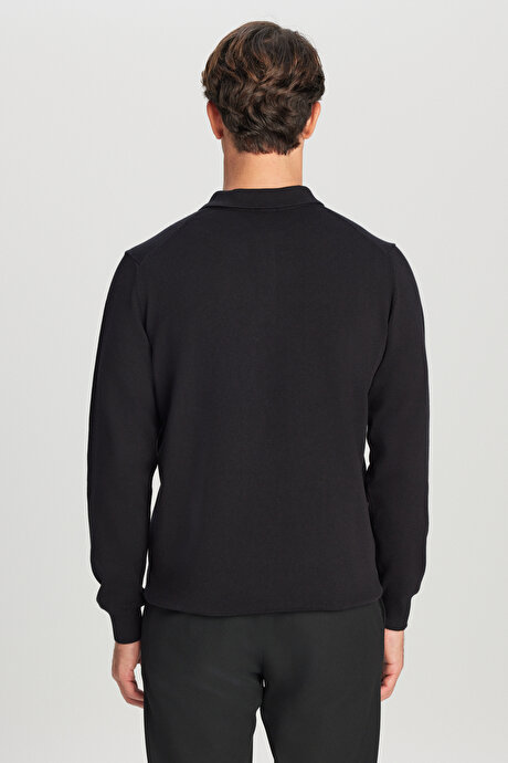 Pamuklu Standart Fit Normal Kesim Polo Yaka Triko Siyah Kazak resmi