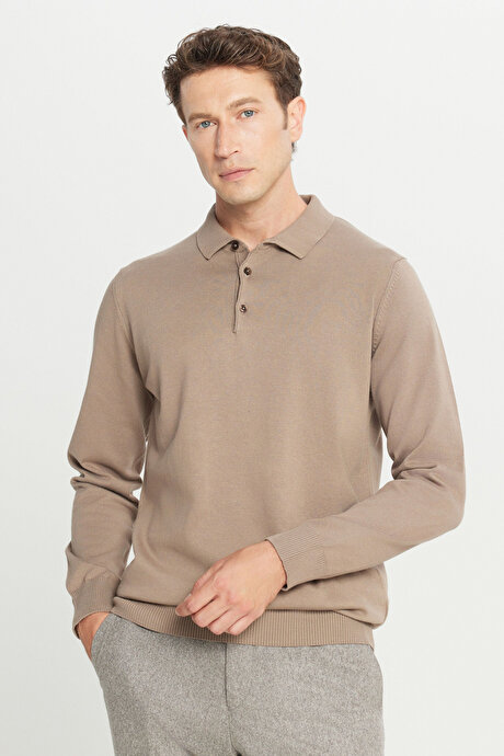 Pamuklu Standart Fit Normal Kesim Polo Yaka Triko Vizon Kazak resmi