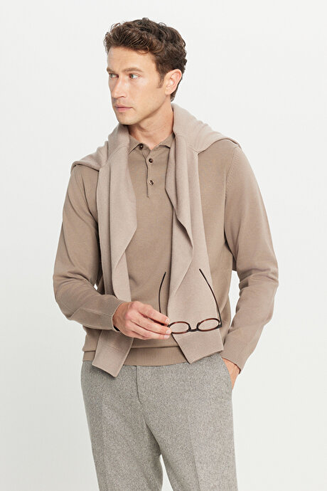 Pamuklu Standart Fit Normal Kesim Polo Yaka Triko Vizon Kazak resmi