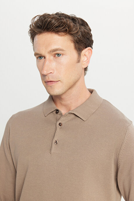 Pamuklu Standart Fit Normal Kesim Polo Yaka Triko Vizon Kazak resmi