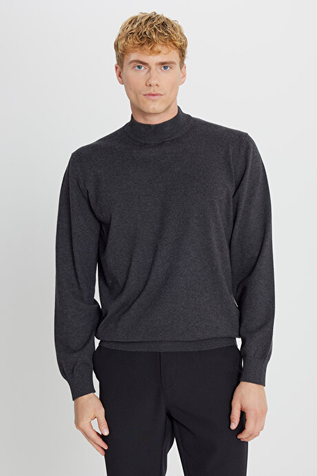 Pamuklu Standart Fit Normal Kesim Yarım Balıkçı Yaka Triko Antrasit-Melanj Kazak resmi