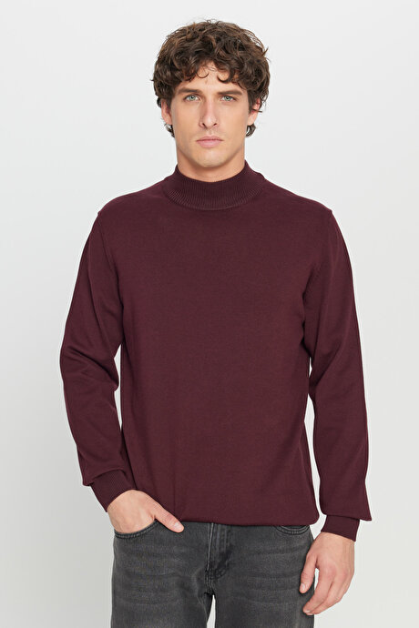 Pamuklu Standart Fit Normal Kesim Yarım Balıkçı Yaka Triko Bordo Kazak resmi