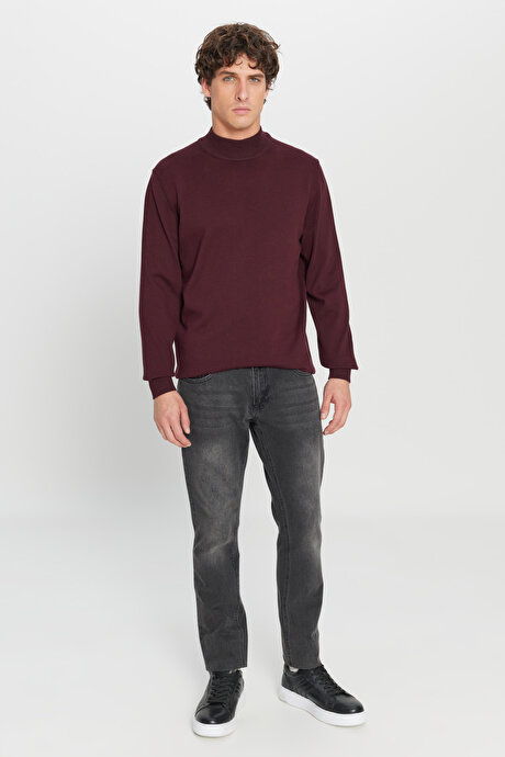 Pamuklu Standart Fit Normal Kesim Yarım Balıkçı Yaka Triko Bordo Kazak resmi